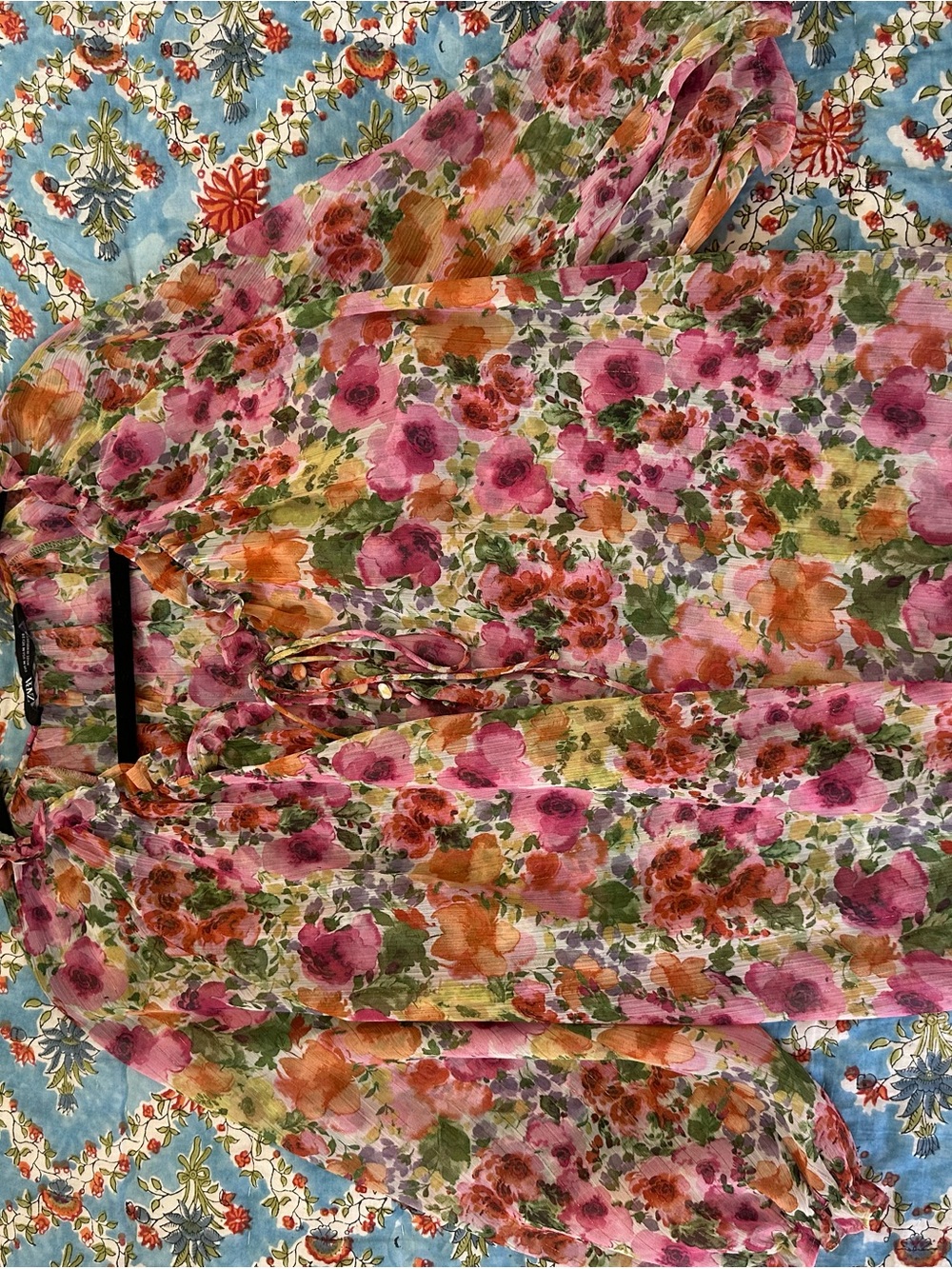 Zara Floral Sheer Blouse in Pink, Orange & Green